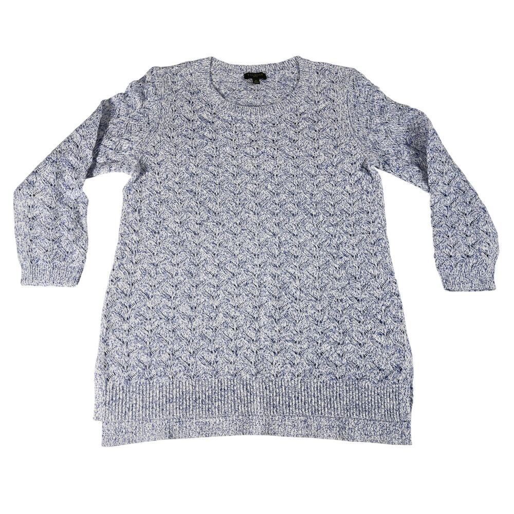 Talbots Petite P Blue White Cotton Linen Openwork Cable Knit Sweater
